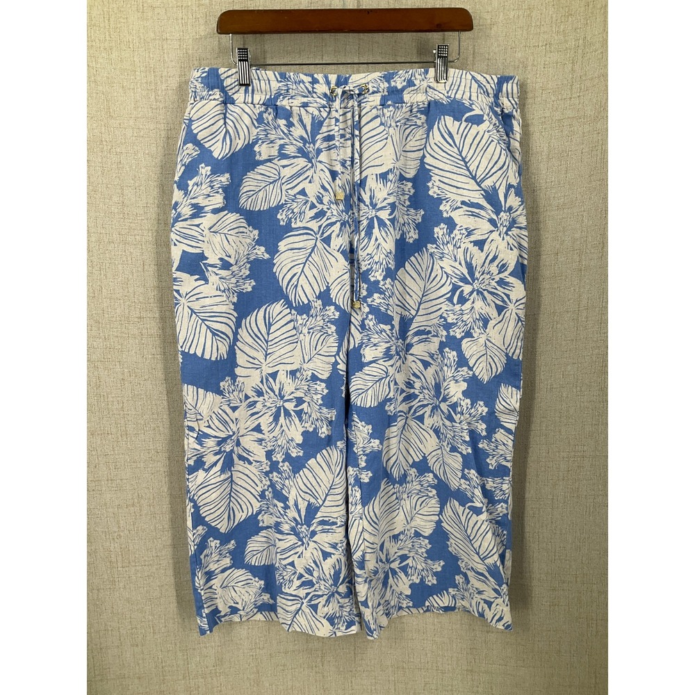 Anne Klein Pants Women XL Blue Linen Blend Tropical Leaf Wide Leg Coastal Boho